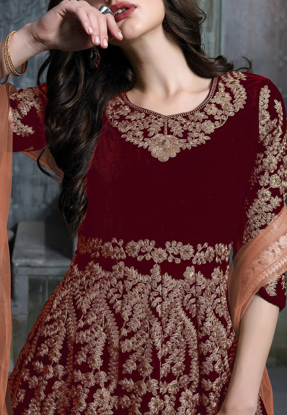 Maroon Velvet Abaya Style Salwar Kameez