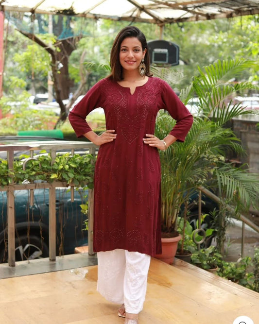 Maroon Exquisite Lucknow Chikankari Kurti Set with Mukesh Work