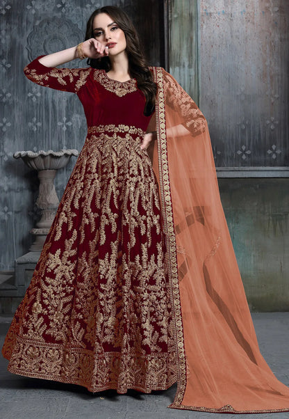 Maroon Velvet Abaya Style Salwar Kameez