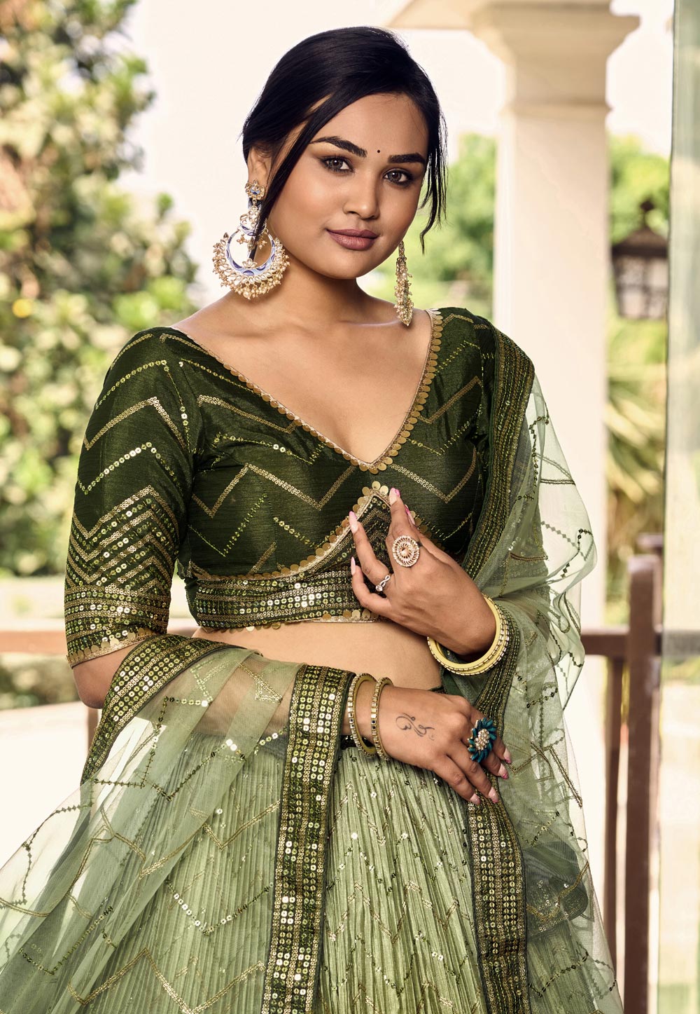 Green Ombre Glitter Sequins Lehenga Choli Set with Embroidered Net Dupatta