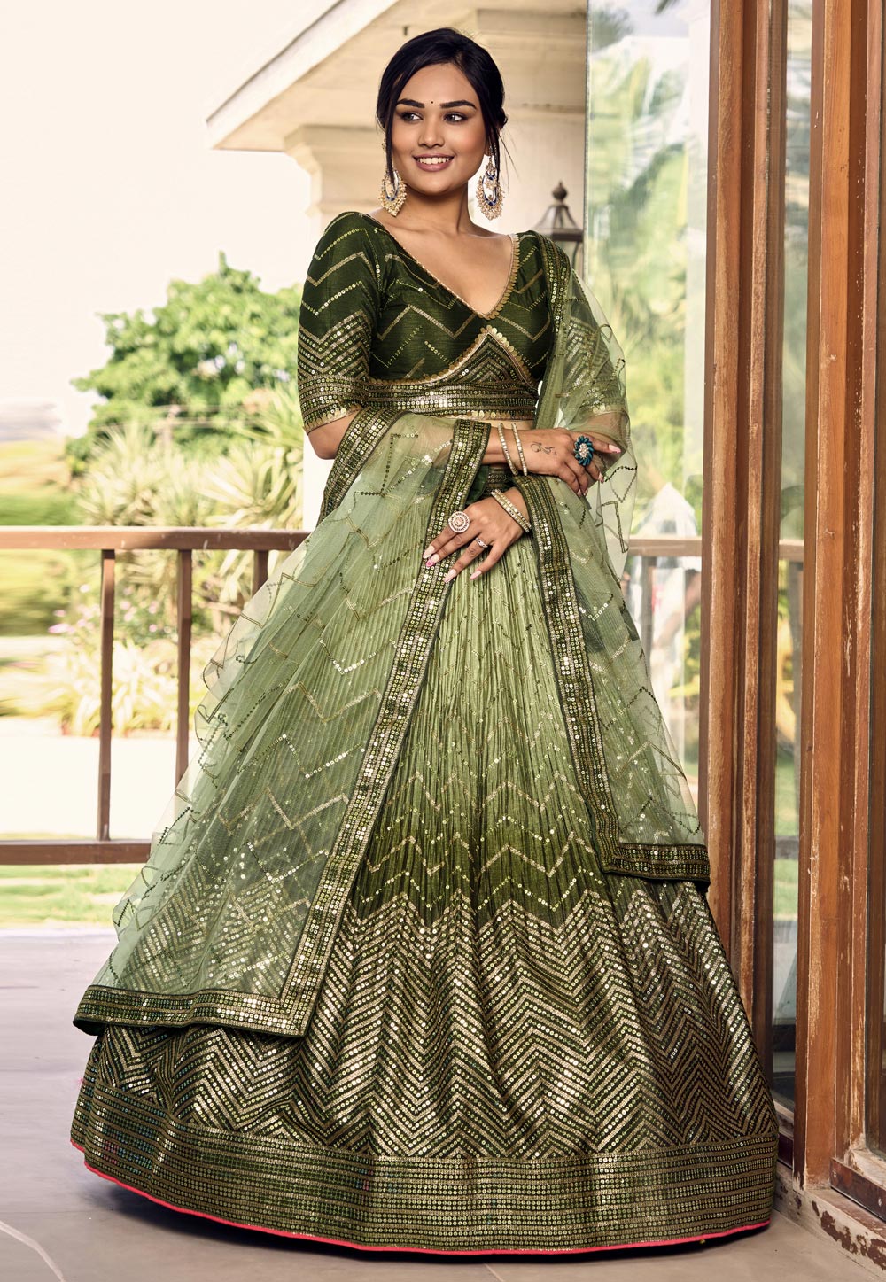 Green Ombre Glitter Sequins Lehenga Choli Set with Embroidered Net Dupatta