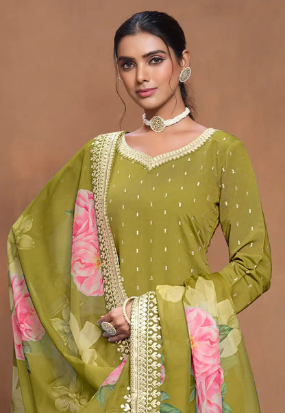 Olive Green Premium Gharara Salwar Suit with Floral Organza Dupatta