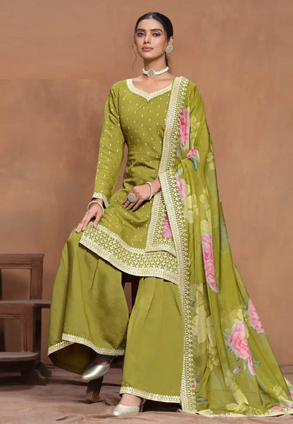 Olive Green Premium Gharara Salwar Suit with Floral Organza Dupatta