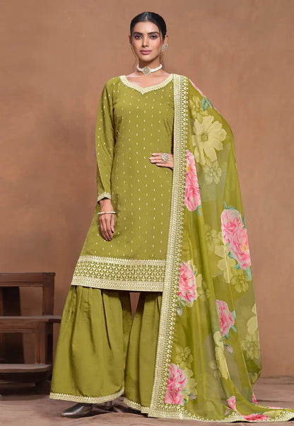 Olive Green Premium Gharara Salwar Suit with Floral Organza Dupatta