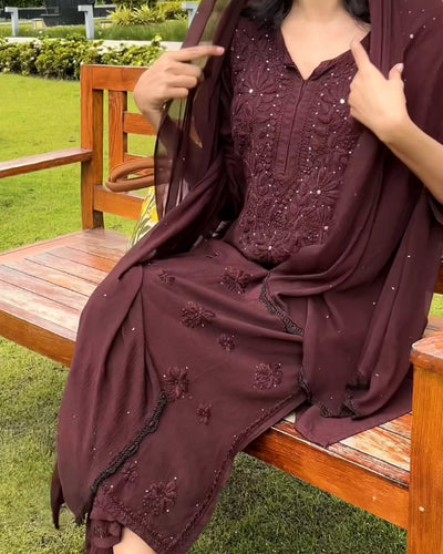 Dark Brown Premium Rayon Chikankari Kurta Palazzo Dupatta Set | Hand Embroidered with Mukesh Work