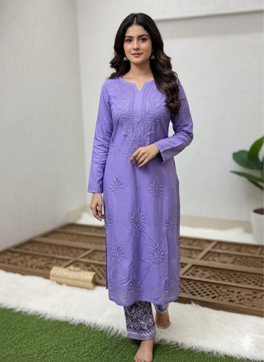 Purple Lucknow Chikankari Handcrafted Muslin Kurti with Cutwork Embroidery Pant Set