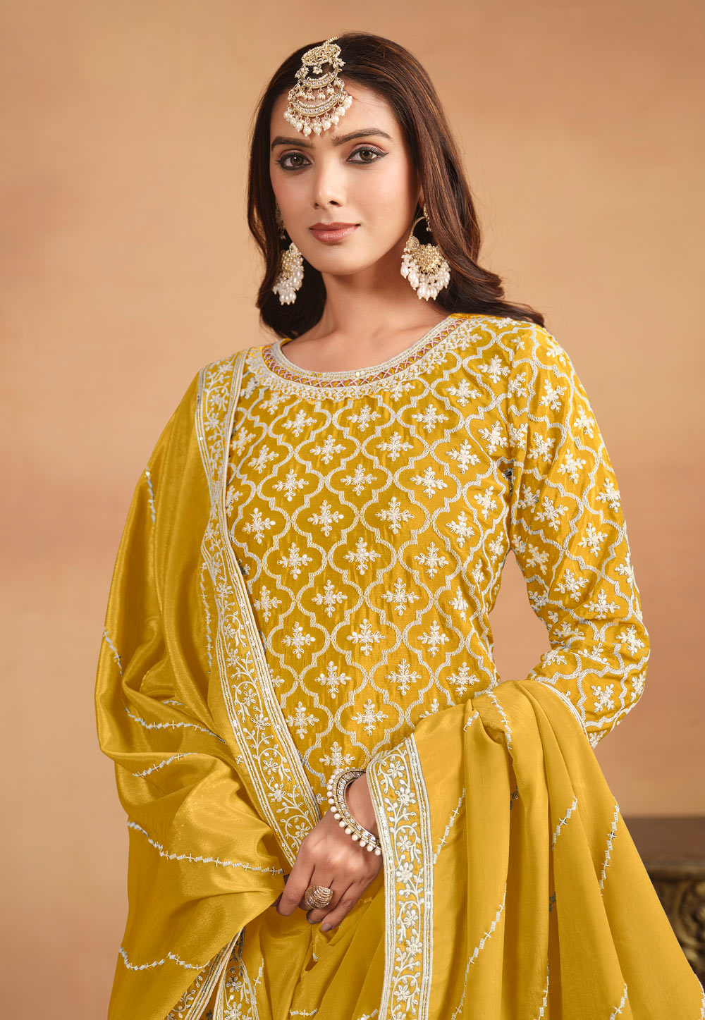 Mustard Yellow Chinon Wedding Reception Lehenga Suit with Dupatta