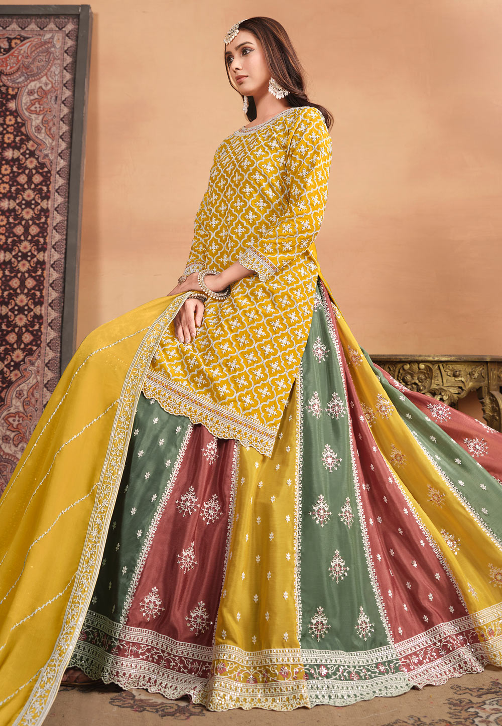 Mustard Yellow Chinon Wedding Reception Lehenga Suit with Dupatta