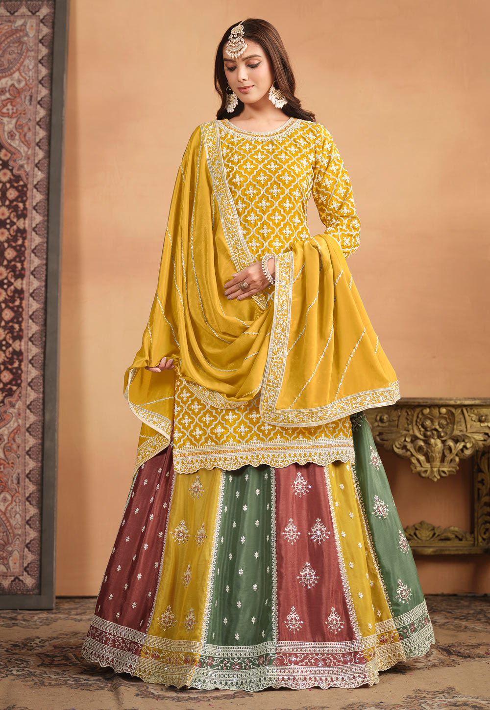 Mustard Yellow Chinon Wedding Reception Lehenga Suit with Dupatta