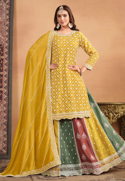 Mustard Yellow Chinon Wedding Reception Lehenga Suit with Dupatta