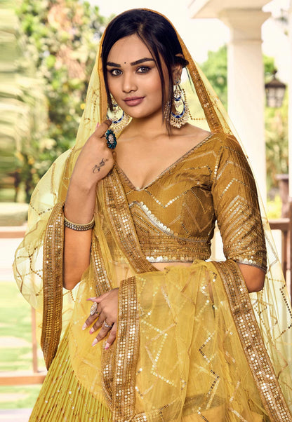 Mustard Ombre Glitter Sequins Lehenga Choli Set with Embroidered Net Dupatta