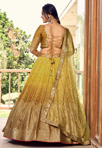 Mustard Ombre Glitter Sequins Lehenga Choli Set with Embroidered Net Dupatta