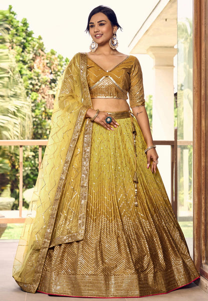 Mustard Ombre Glitter Sequins Lehenga Choli Set with Embroidered Net Dupatta