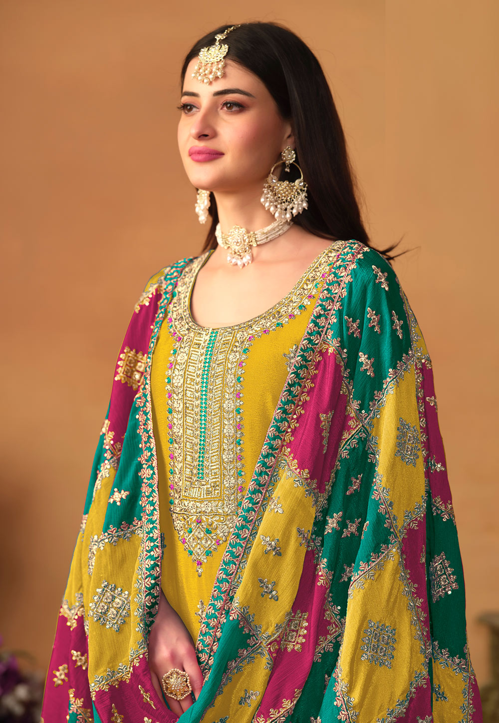 Mustard Yellow Premium Salwar Kameez Suit Set Sequins, Zari, and Embroidery