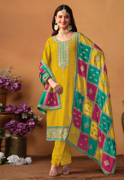 Mustard Yellow Premium Salwar Kameez Suit Set Sequins, Zari, and Embroidery