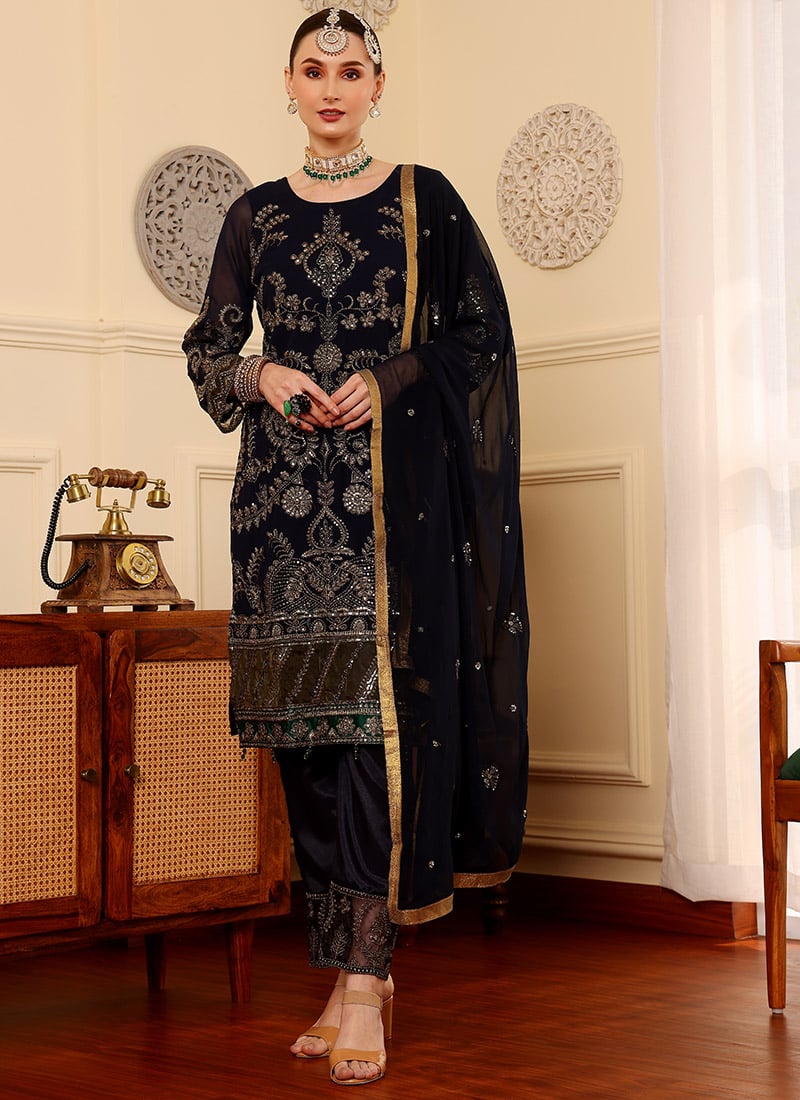 Navy Blue Pakistani Salwar Suit with Sequins & Zari Work