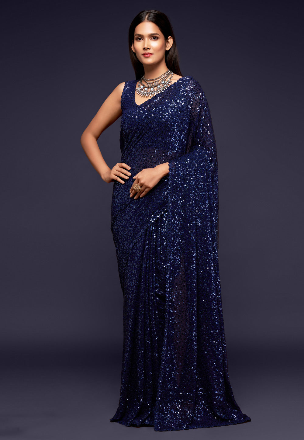 Navy Blue Heavy Sequins Work Bridesmaid Saree with Blouse