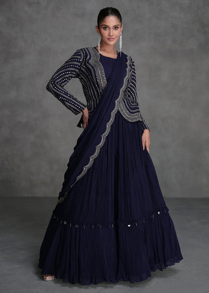 Navy Blue Indo-Western Lehenga Choli with Embroidered Drape and Cancan Skirt