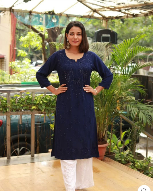 Blue Exquisite Lucknow Chikankari Kurti Set with Mukesh Work