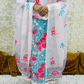 Blue Pink Kota Doria Phulkari Work Cotton Suit with Tafeta Pants and Kota Doria Dupatta