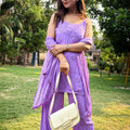 Lavendar Handcrafted Lucknow Chikankari Noodle Strap Kurti with Plazo & Dupatta Set
