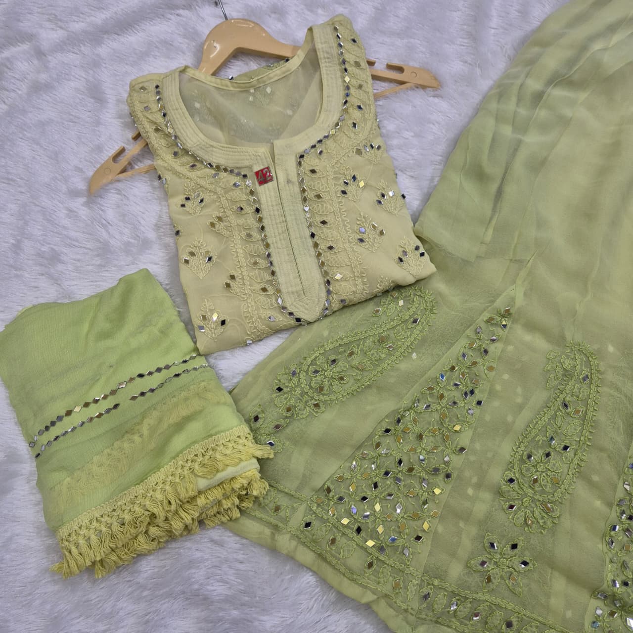 Olive Green Ombré Georgette Lucknow Chikankari Mirror Sharara Set