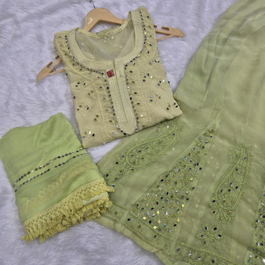 Olive Green Ombré Georgette Lucknow Chikankari Mirror Sharara Set
