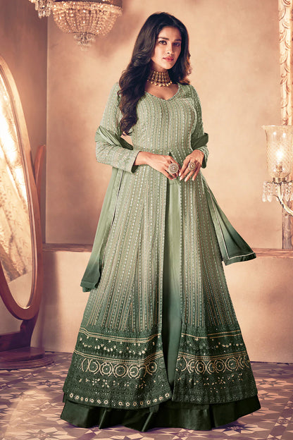 Ombre Olive Green Regal Embroidered Front Slit Long Choli Lehenga Set