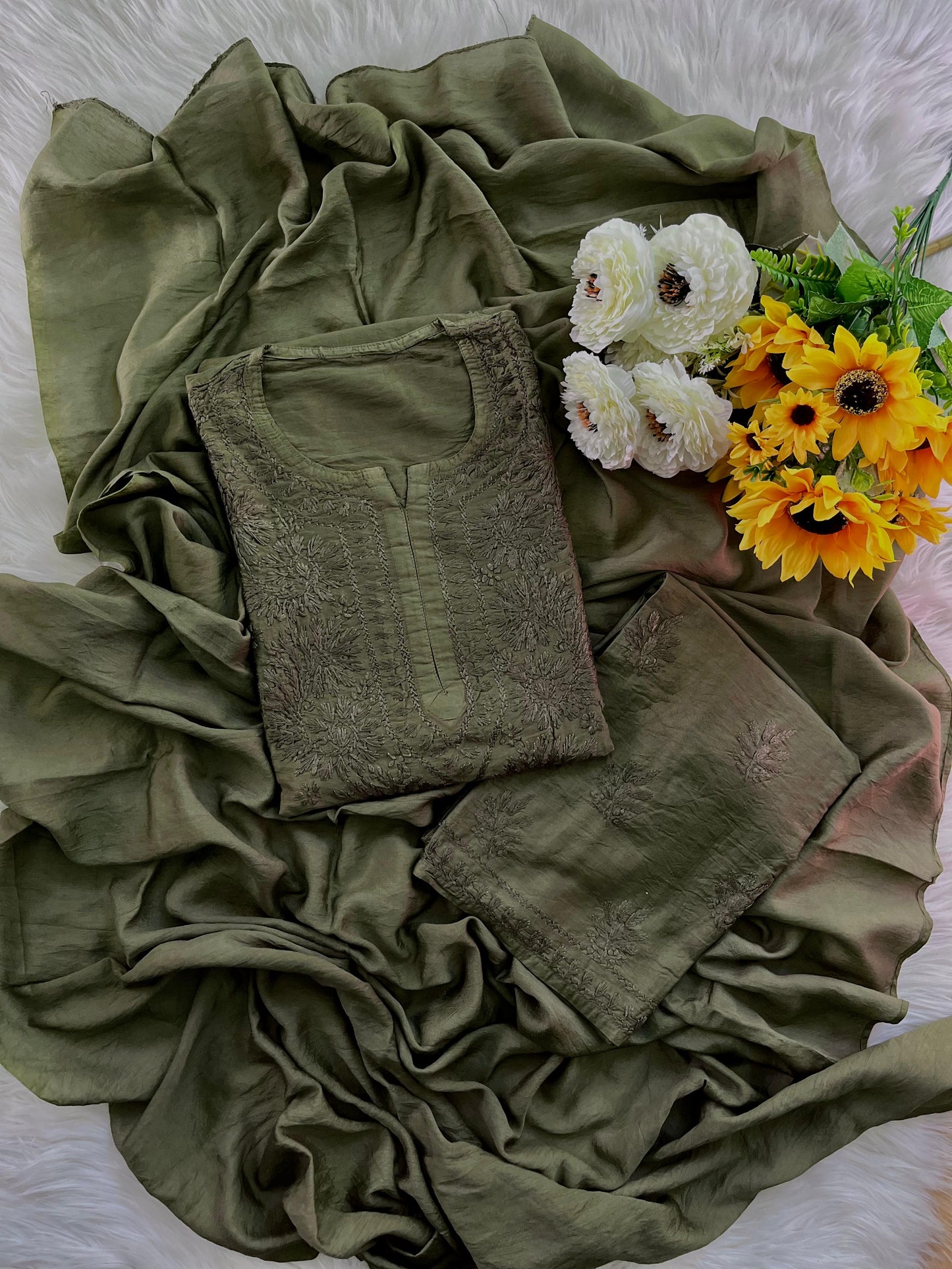 Olive Handcrafted Tone-on-Tone Lucknowi Chikankari Chanderi Silk Set