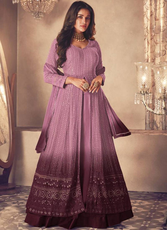 Ombre Dusty Pink Regal Embroidered Front Slit Long Choli Lehenga Set