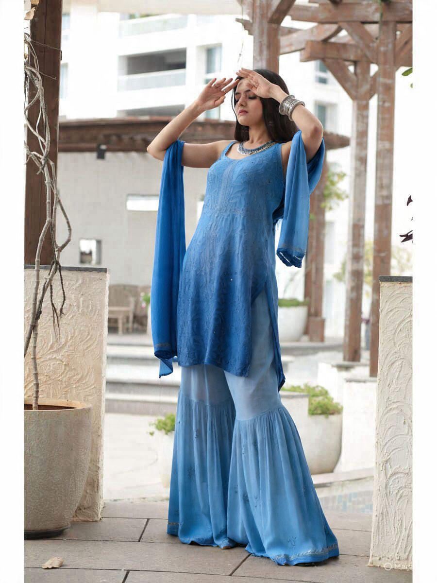 Blue Handcrafted Lucknow Chikankari Strappy Gharara Set (New)