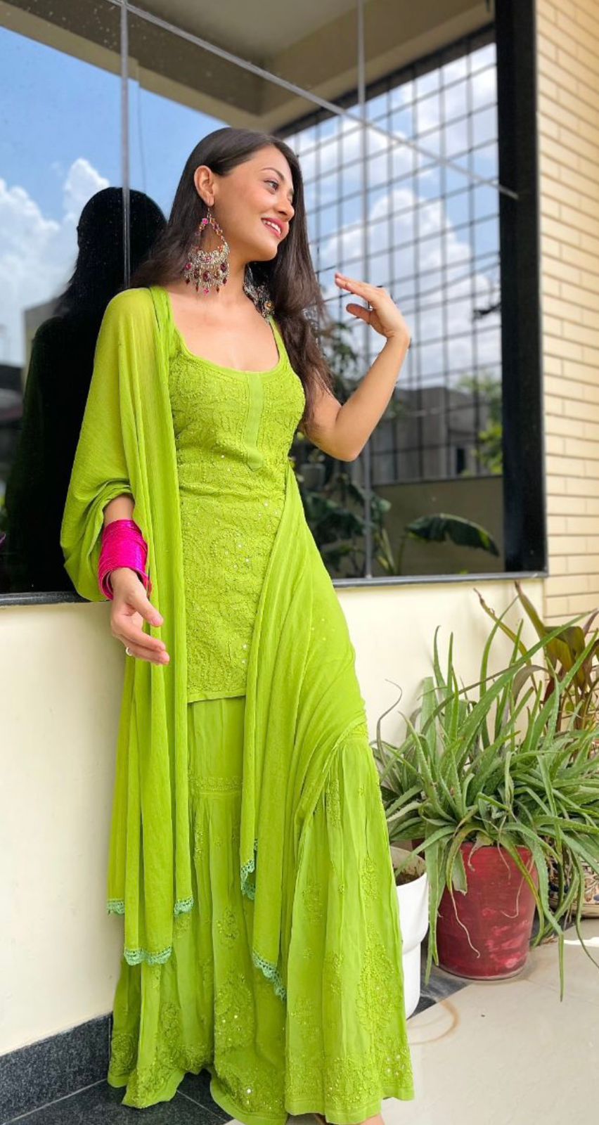 Green Handcrafted Lucknow Chikankari Strappy Gharara Set (New)