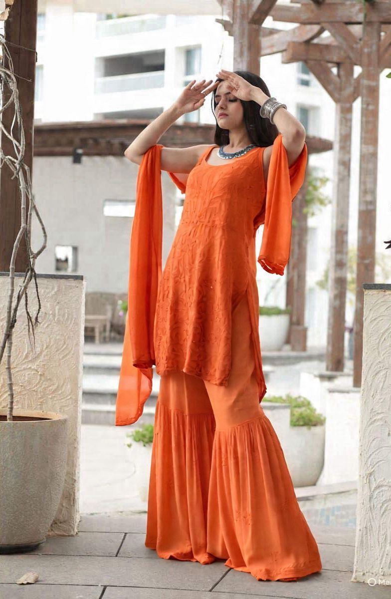 Orange Handcrafted Lucknow Chikankari Strappy Gharara Set (New)