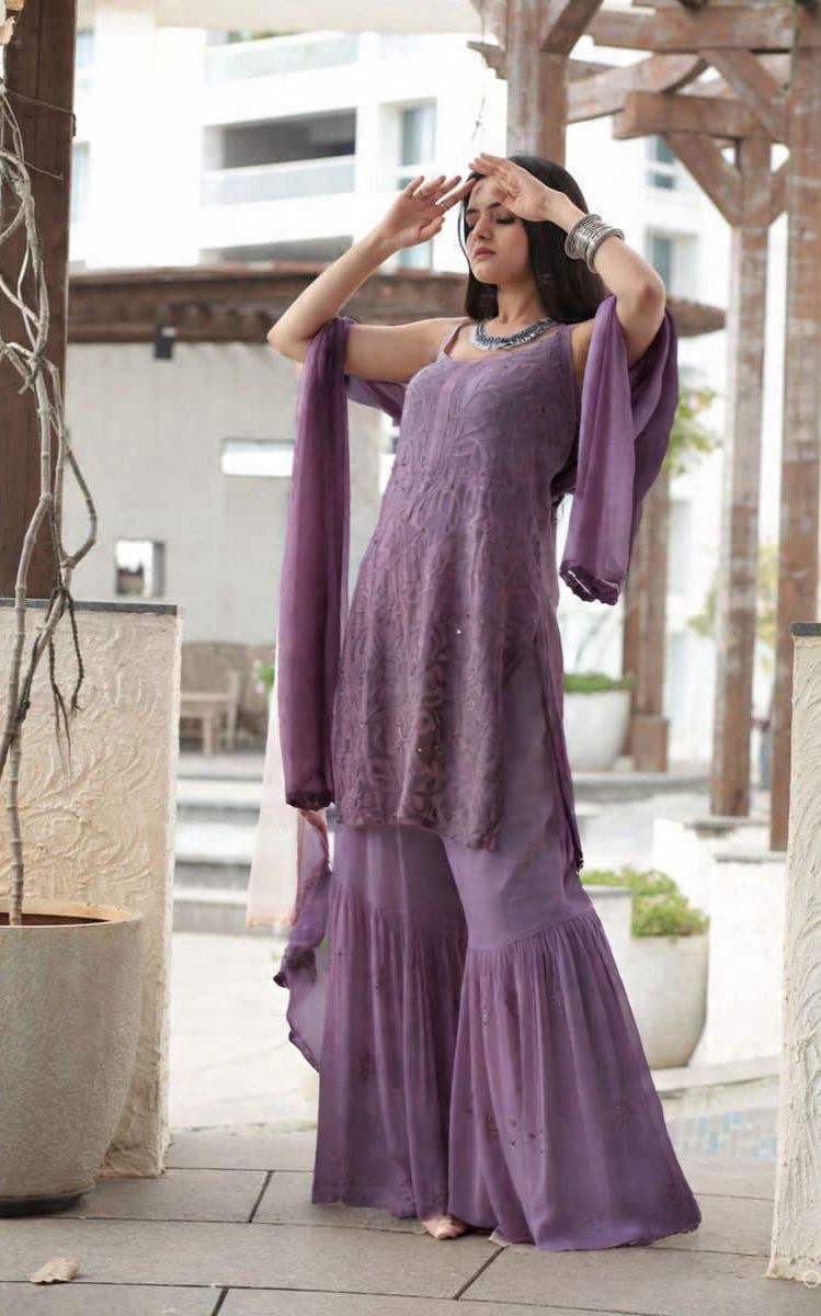 Purple Handcrafted Lucknow Chikankari Strappy Gharara Set (New)