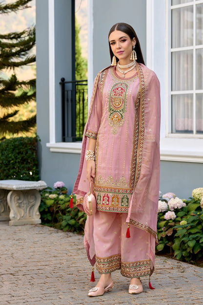 Pink Festive Wear Simar Organza Embroidered Readymade Salwar Suit