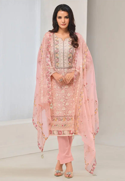 Peach Elegant Organza Pakistani Salwar Suit Set with Resham and Sequins Work