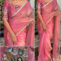 Peach Designer Pearl Work Liquid Organza Saree Blouse Set