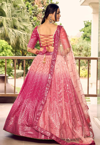 Pink Ombre Glitter Sequins Lehenga Choli Set with Embroidered Net Dupatta