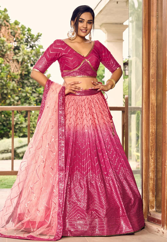 Pink Ombre Glitter Sequins Lehenga Choli Set with Embroidered Net Dupatta