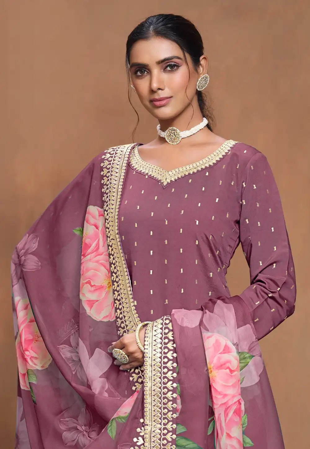 Dusty Pink Premium Gharara Salwar Suit with Floral Organza Dupatta