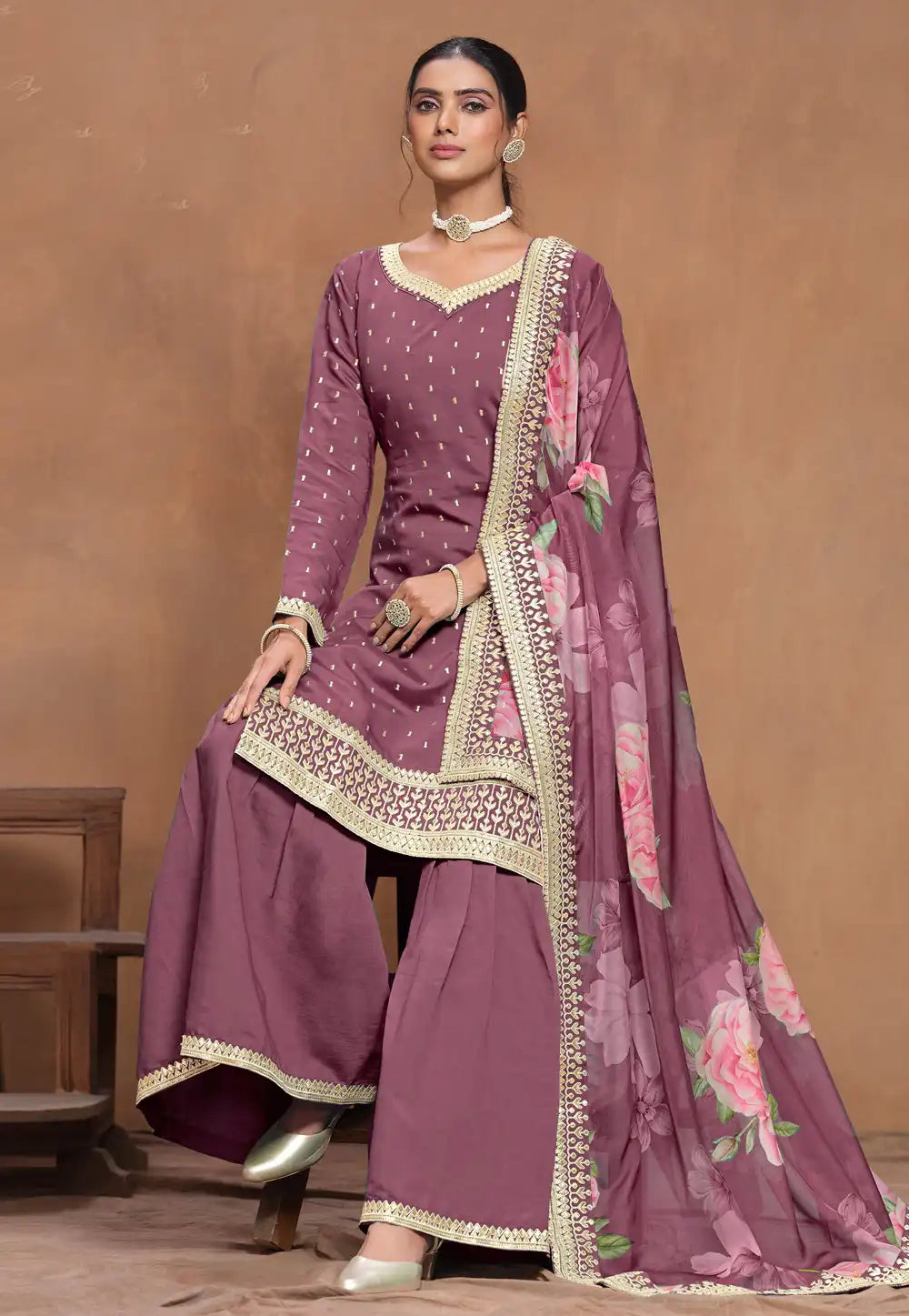 Dusty Pink Premium Gharara Salwar Suit with Floral Organza Dupatta