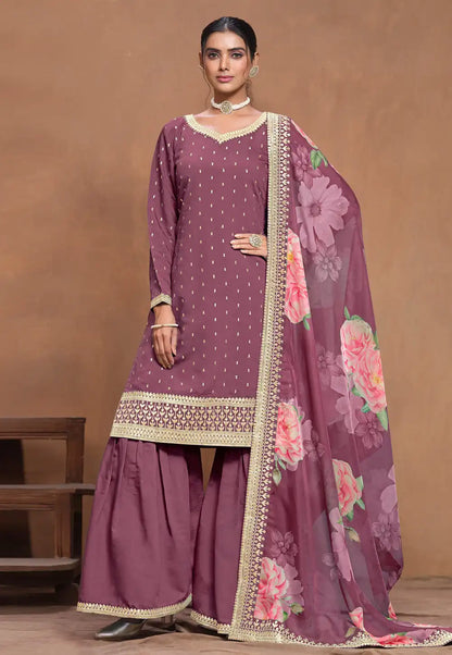 Dusty Pink Premium Gharara Salwar Suit with Floral Organza Dupatta