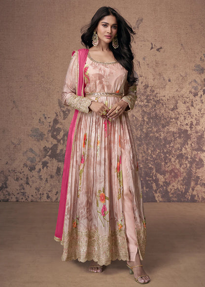 Pink Zari Embroidered Anarkali Gown with Digital Print & Net Dupatta