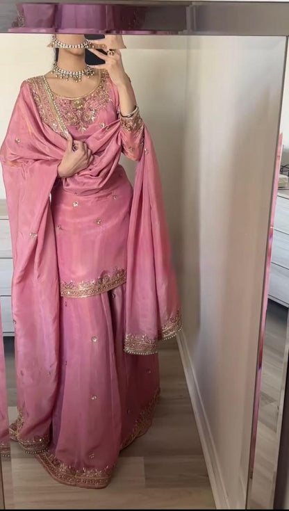 Designer Chinon Silk Pink Sharara Set with Sequin Work