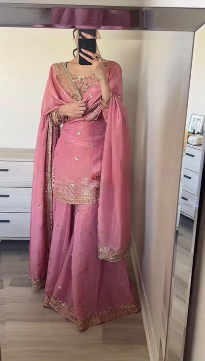 Designer Chinon Silk Pink Sharara Set with Sequin Work