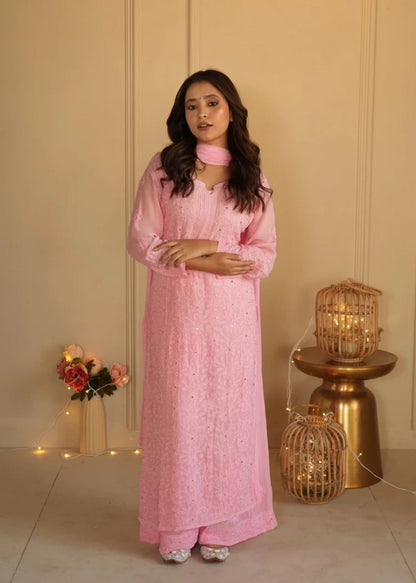 Pink Lucknow Chikankari Viscose Jaal Handwork Mukaish 3 PC Set (New)