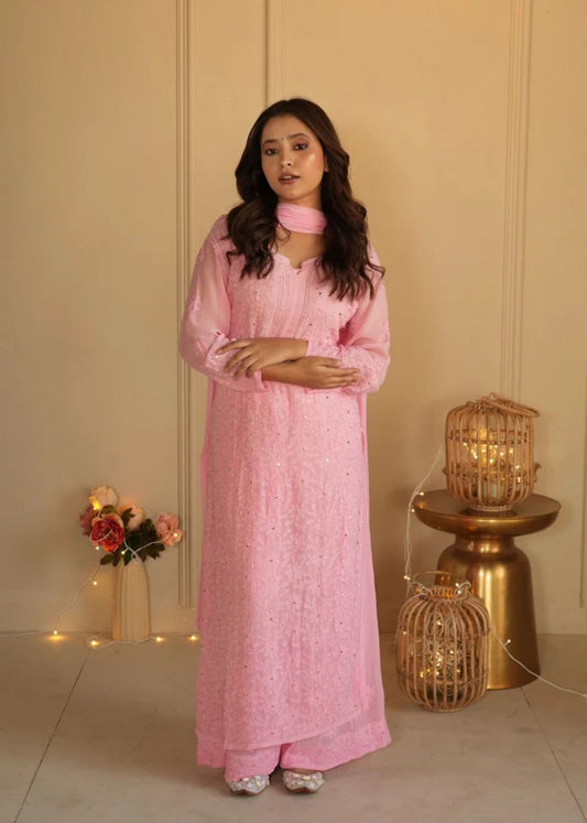 Pink Lucknow Chikankari Viscose Jaal Handwork Mukaish 3 PC Set (New)