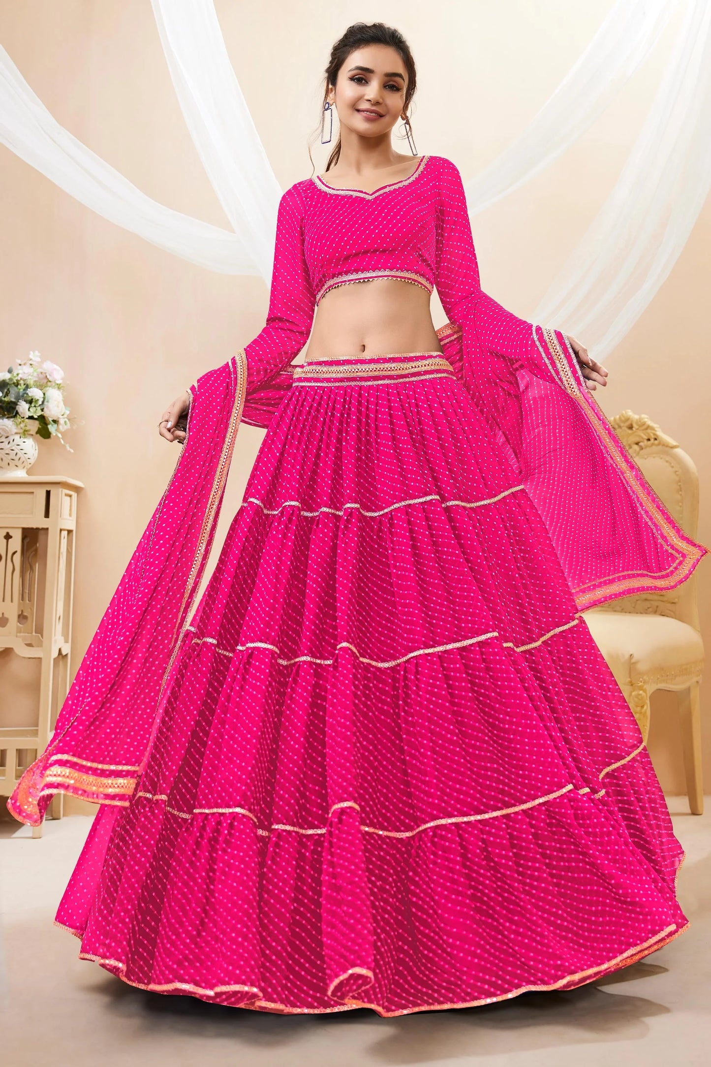 Pink Color Leheriya Print Wide Flair Navratri Lehenga Choli