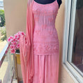 Pink Handcrafted Lucknow Chikankari Noodle Strap Kurti with Plazo & Dupatta Set