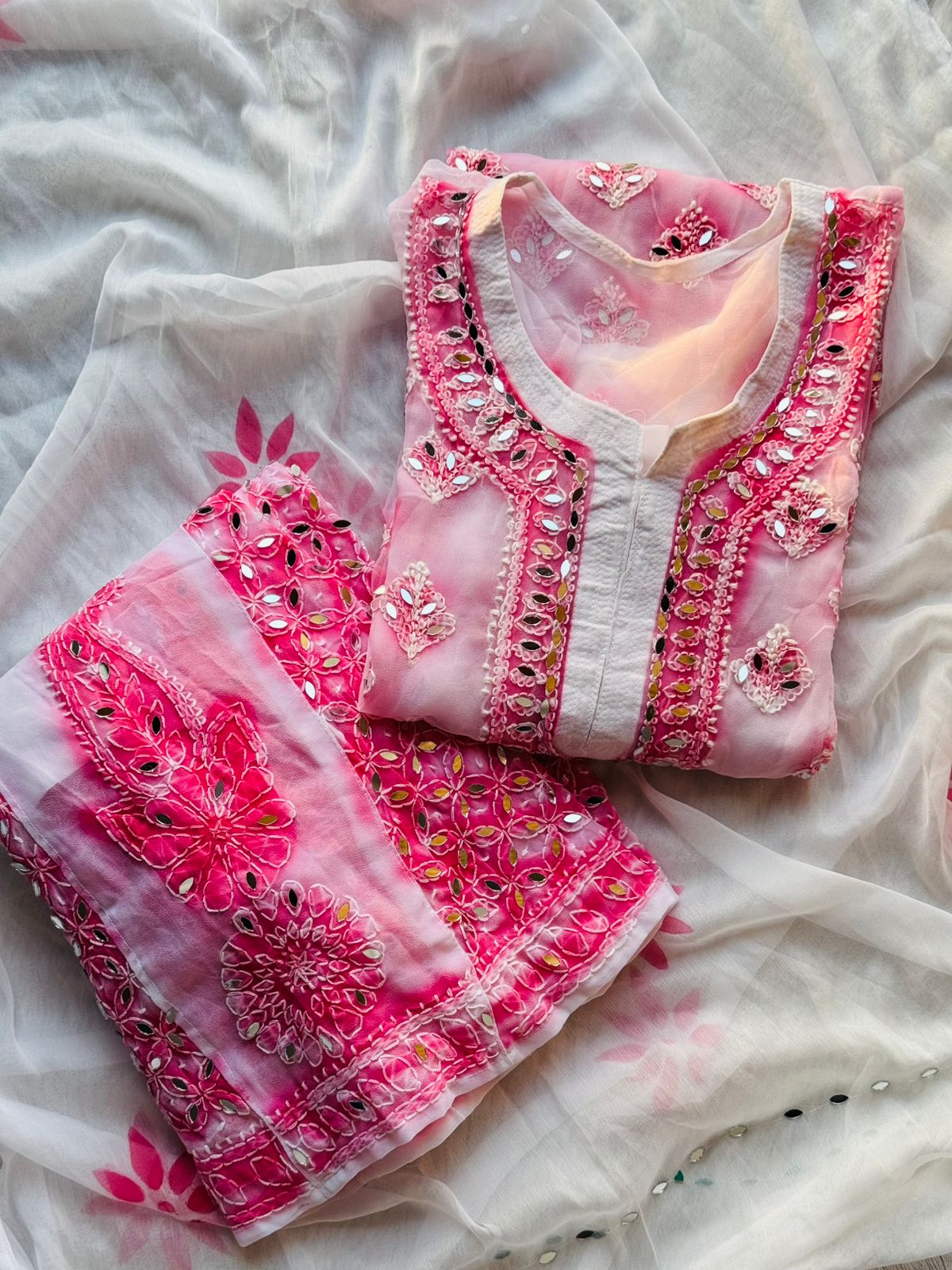 Light Pink Premium Lucknowi Chikankari Spray Printed Mirror Set with Dupatta